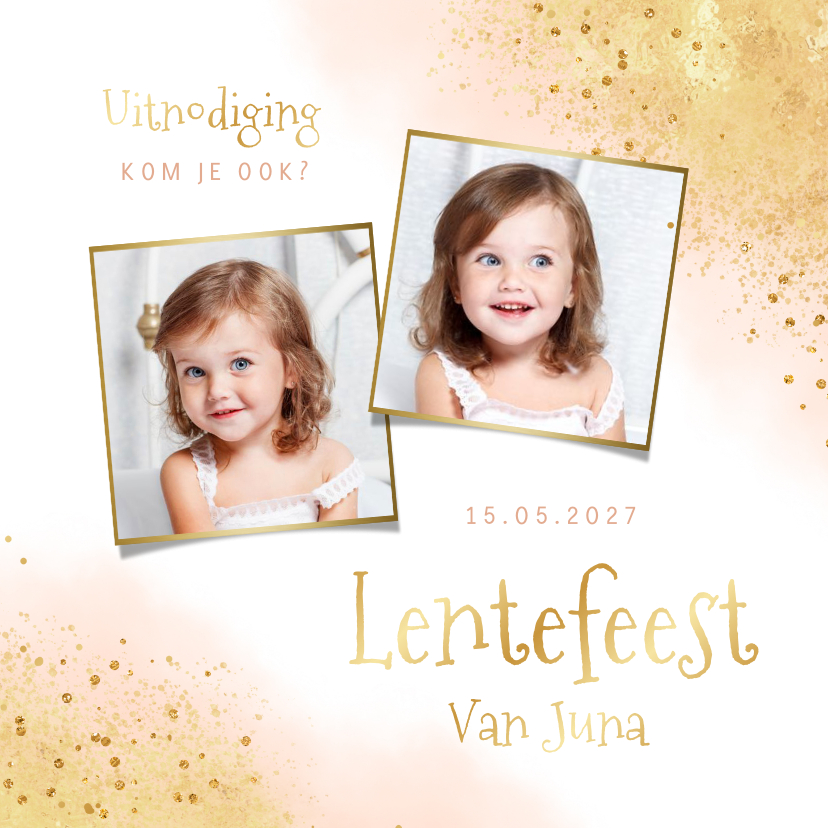 Lentefeest uitnodiging waterverf goud roze foto - Communiekaarten Communiekaarten - Lentefeest uitnodiging waterverf goud roze foto