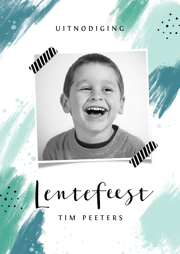 Lentefeest uitnodigingskaart jongen modern verf foto - Communiekaarten Communiekaarten - Lentefeest uitnodigingskaart jongen modern verf foto