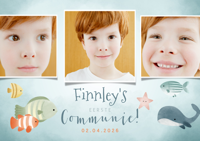Communiekaarten - Leuke bedankkaart eerste communie met zee-thema en vissen