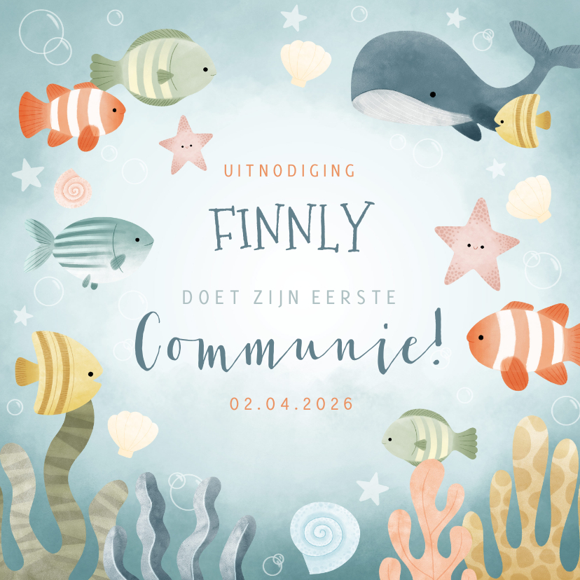 Communiekaarten - Leuke uitnodiging eerste communie met zeethema vissen