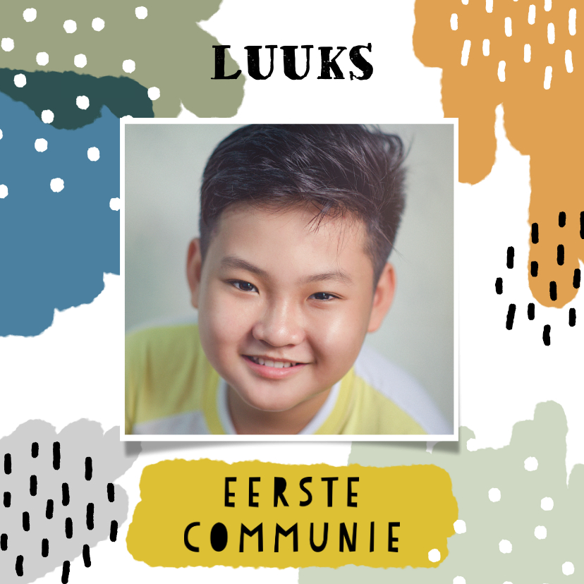 Leuke uitnodiging voor eerste communie met verfstreken - Communiekaarten Communiekaarten - Leuke uitnodiging voor eerste communie met verfstreken
