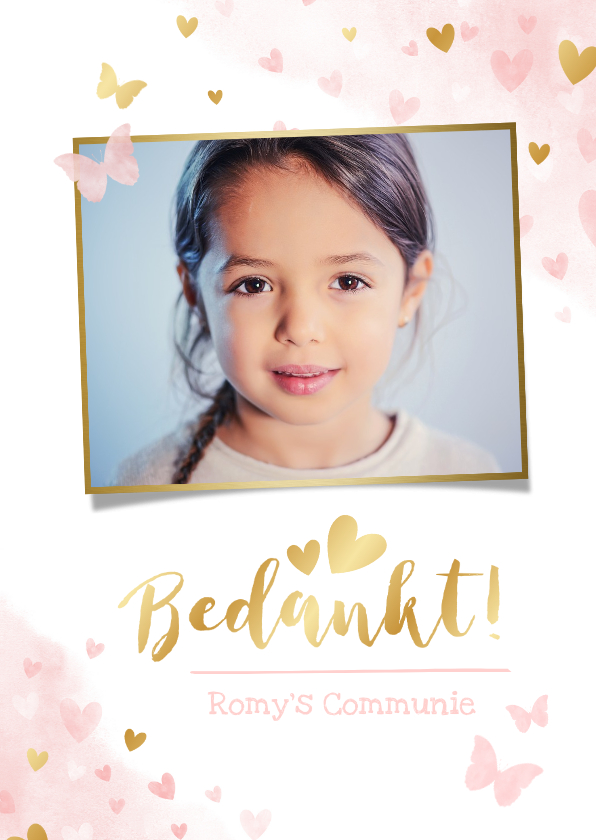 Lief bedankkaartje voor een meisjes communie vlinders hartje - Communiekaarten Communiekaarten - Lief bedankkaartje voor een meisjes communie vlinders hartje