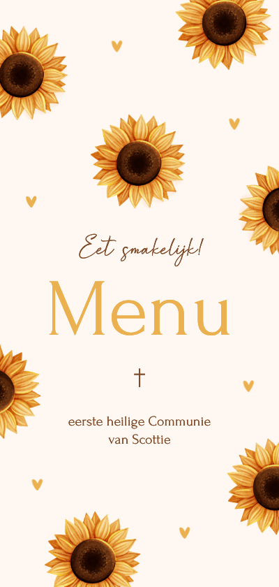 Communiekaarten - Lief communie menukaartje met zonnebloemen en hartjes