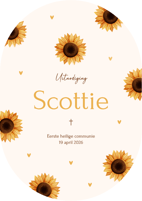 Communiekaarten - Lief ovaal communiekaartje met zonnebloemen en hartjes