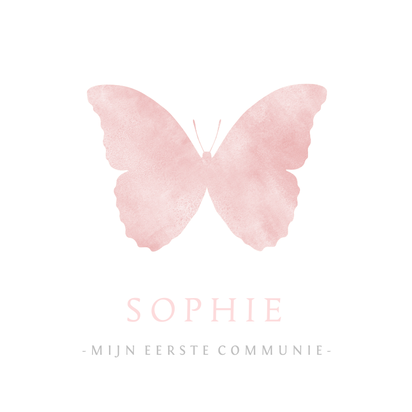 Lieve communiekaart met een roze silhouet van een vlinder - Communiekaarten Communiekaarten - Lieve communiekaart met een roze silhouet van een vlinder