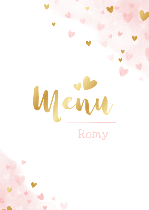 Communiekaarten - Lieve menukaart met  vlinders en hartjes - communie menu