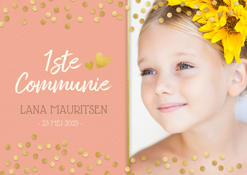 Communiekaarten - Lieve stijlvolle communiekaart meisje met gouden confetti