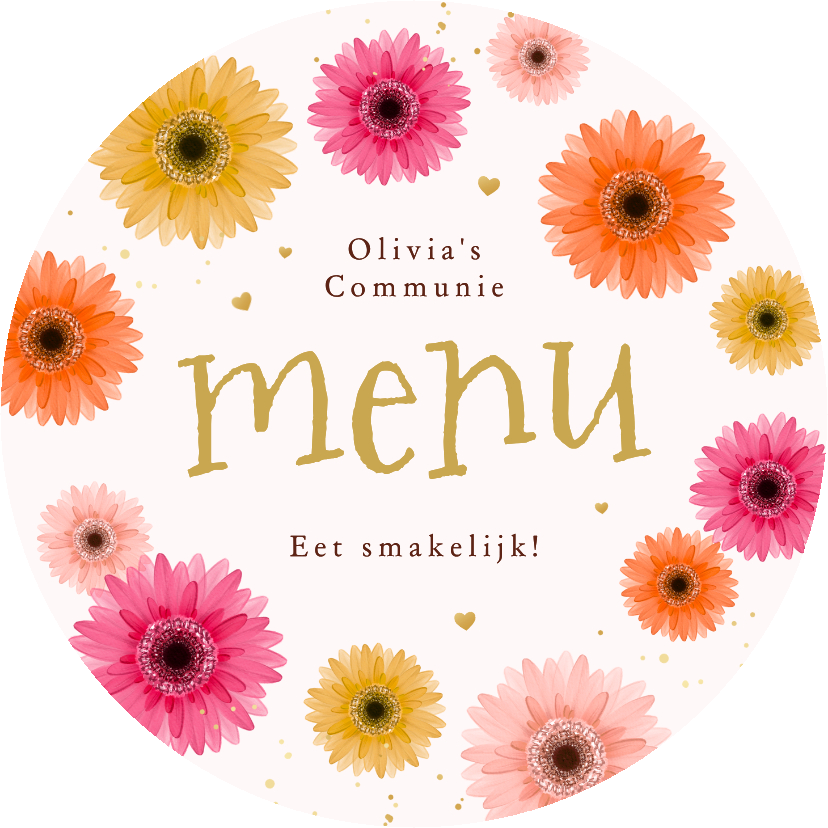 Menukaart cirkel Communie lentefeest gerbera bloemen kleuren - Communiekaarten Communiekaarten - Menukaart cirkel Communie lentefeest gerbera bloemen kleuren
