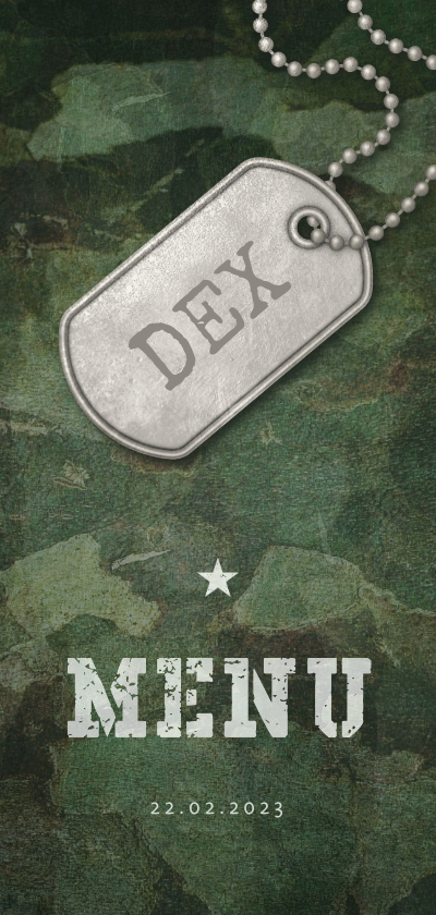 Menukaart communie army stoer met foto en legerplaatje - Communiekaarten Communiekaarten - Menukaart communie army stoer met foto en legerplaatje