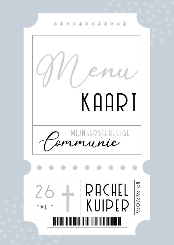 Menukaart communie blauw ticket - Communiekaarten Communiekaarten - Menukaart communie blauw ticket