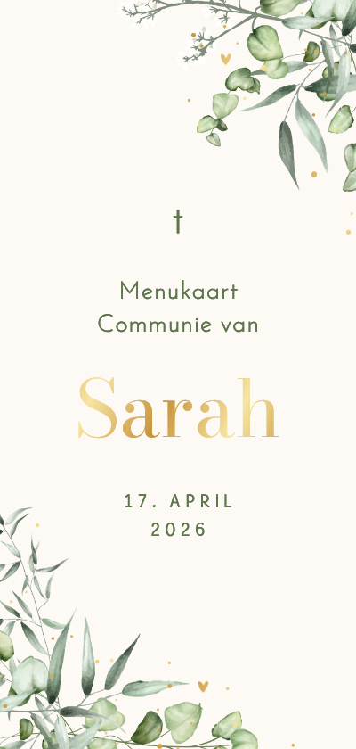 Communiekaarten - Menukaart communie eucalyptus hoekjes met goud