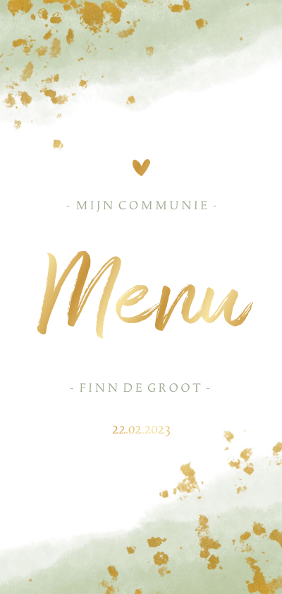 Menukaart communie jongen met waterverf en gouden spetters - Communiekaarten Communiekaarten - Menukaart communie jongen met waterverf en gouden spetters