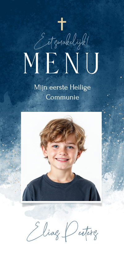 Menukaart communie jongen stijlvol foto verf blauw goud - Communiekaarten Communiekaarten - Menukaart communie jongen stijlvol foto verf blauw goud