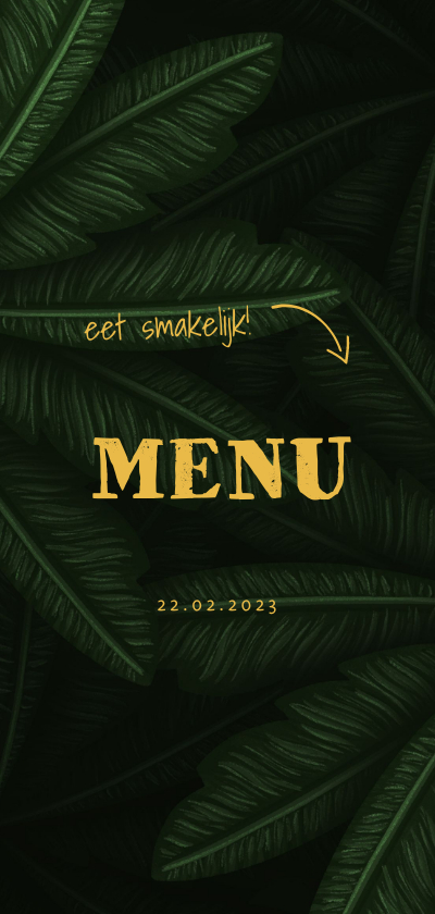 Menukaart communie jungle bladeren met pijltjes - Communiekaarten Communiekaarten - Menukaart communie jungle bladeren met pijltjes