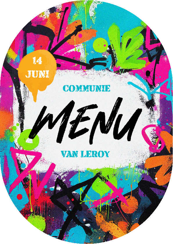 Communiekaarten - Menukaart communie lentefeest graffiti stoer kleurrijk