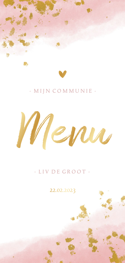 Menukaart communie meisje met waterverf en gouden spetters - Communiekaarten Communiekaarten - Menukaart communie meisje met waterverf en gouden spetters