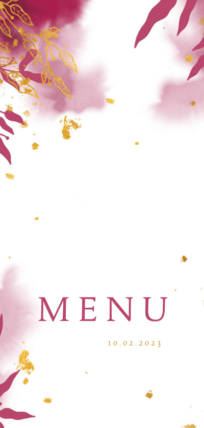 Menukaart communie met gouden bladeren en roze waterverf - Communiekaarten Communiekaarten - Menukaart communie met gouden bladeren en roze waterverf