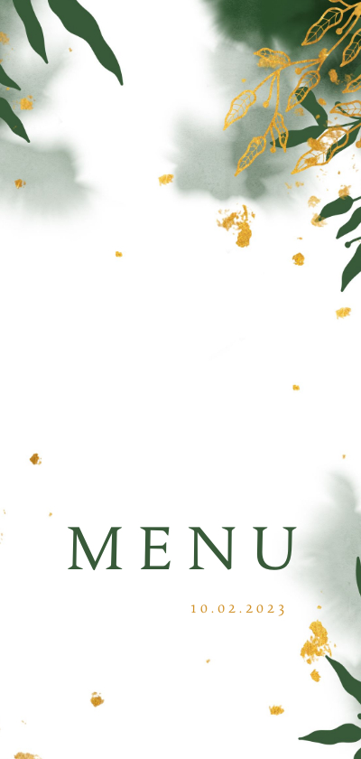 Menukaart communie met groene waterverf en gouden bladeren - Communiekaarten Communiekaarten - Menukaart communie met groene waterverf en gouden bladeren