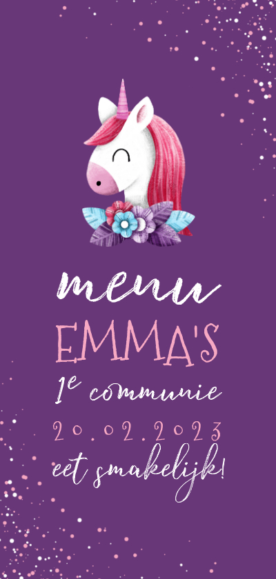 Menukaart communie met unicorn en confetti - Communiekaarten Communiekaarten - Menukaart communie met unicorn en confetti