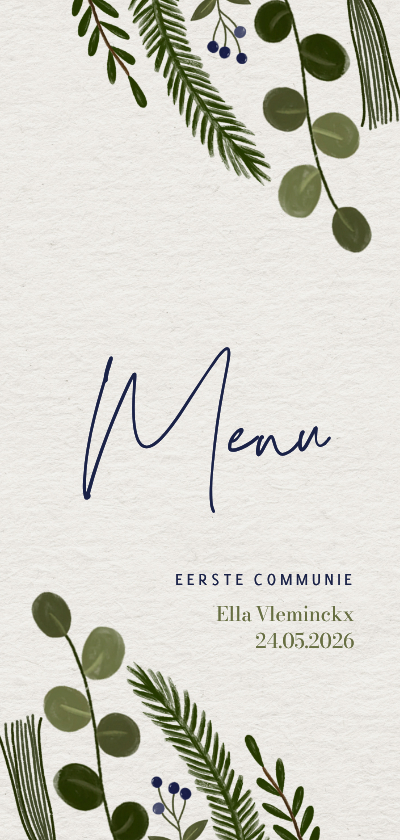 Menukaart eerste communie botanisch eucalyptus papierlook - Communiekaarten Communiekaarten - Menukaart eerste communie botanisch eucalyptus papierlook