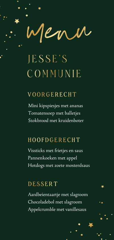 Communiekaarten - Menukaart goud sterren communie groen foto