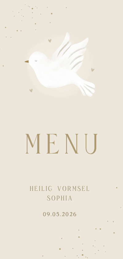 Communiekaarten - Menukaart heilig vormsel beige duif hartjes