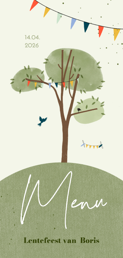 Menukaart lentefeest boom en wereld vogel - Communiekaarten Communiekaarten - Menukaart lentefeest boom en wereld vogel