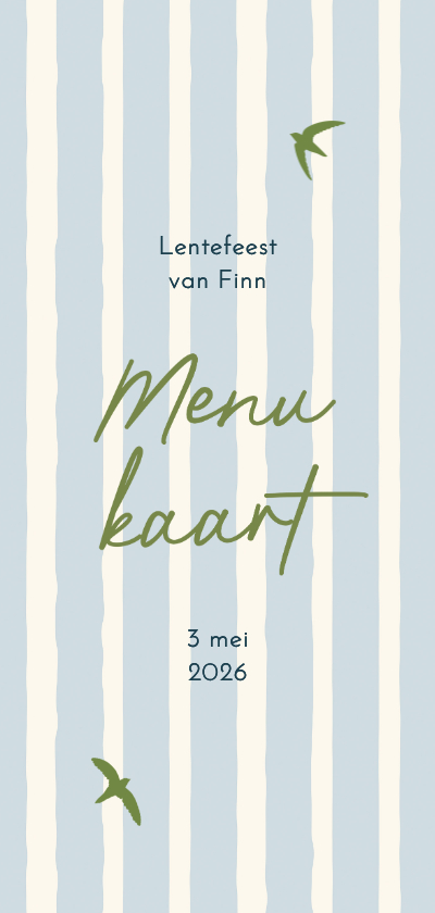 Communiekaarten -  Menukaart lentefeest groene vogeltjes met blauwe streep