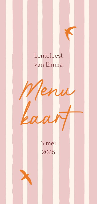 Communiekaarten - Menukaart lentefeest oranje vogeltjes met roze streep
