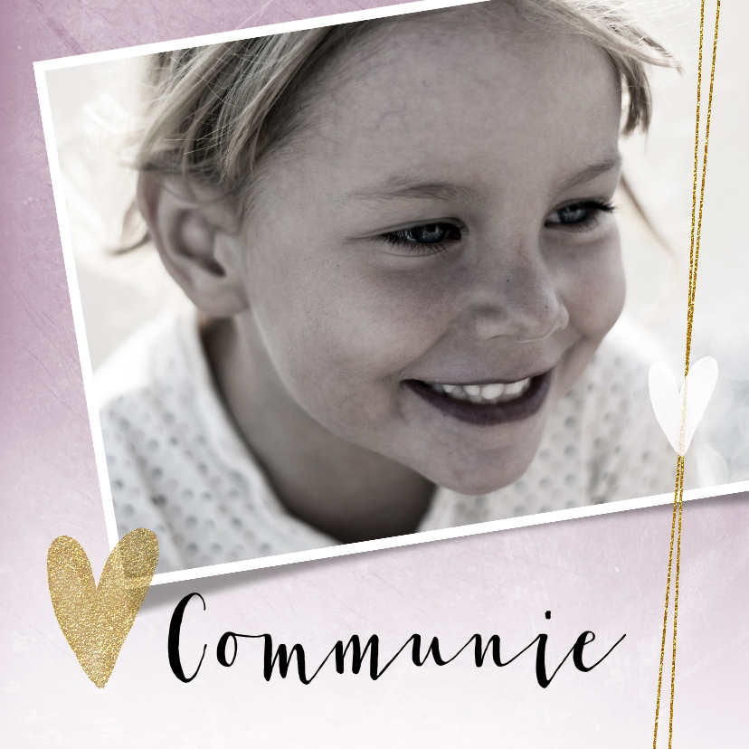 Mooie, stijlvolle communiekaart met foto en hartjes - Communiekaarten Communiekaarten - Mooie, stijlvolle communiekaart met foto en hartjes