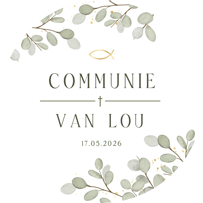 Communiekaarten - Ronde botanische communie uitnodiging Eucalyptus met visje