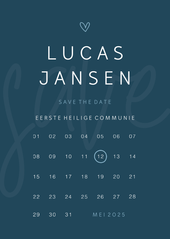 Communiekaarten - Save the date communie minimalistisch met hartje kalender