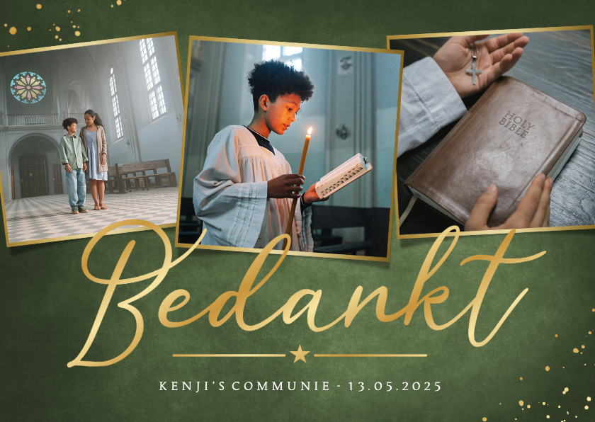Stijlvol donkergroen bedankkaartje communie met 3 foto's - Communiekaarten Communiekaarten - Stijlvol donkergroen bedankkaartje communie met 3 foto's