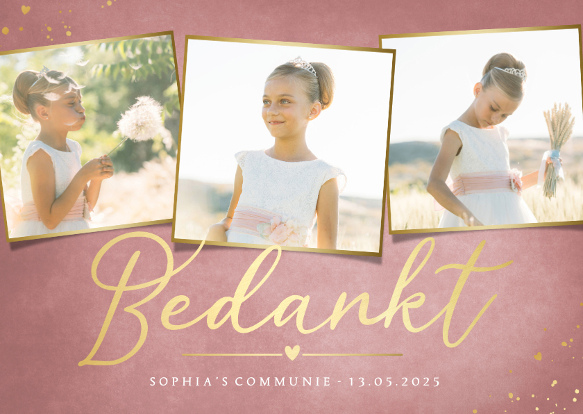 Communiekaarten - Stijlvolle bedankkaart communie met 3 foto's voor een meisje