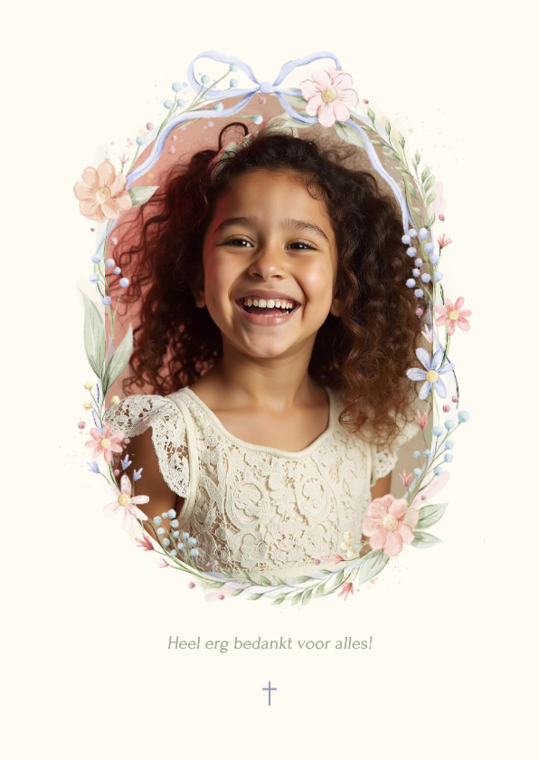 Stijlvolle communie bedankaartje strik met foto en bloemen - Communiekaarten Communiekaarten - Stijlvolle communie bedankaartje strik met foto en bloemen