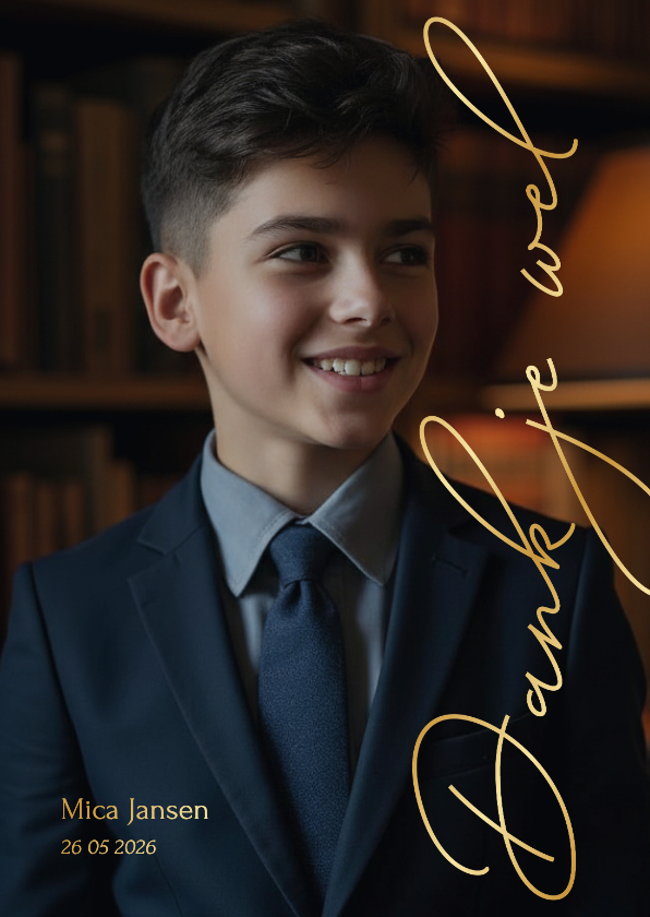 Communiekaarten - Stijlvolle communie bedankkaart met grote foto en foliedruk