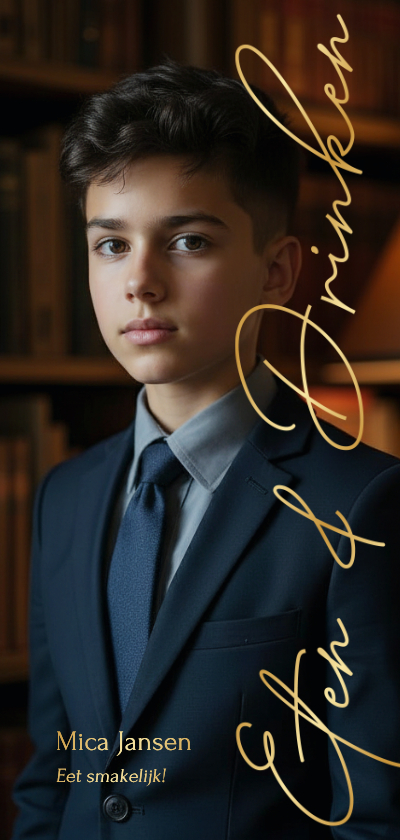 Communiekaarten - Stijlvolle communie menukaart met grote foto en foliedruk