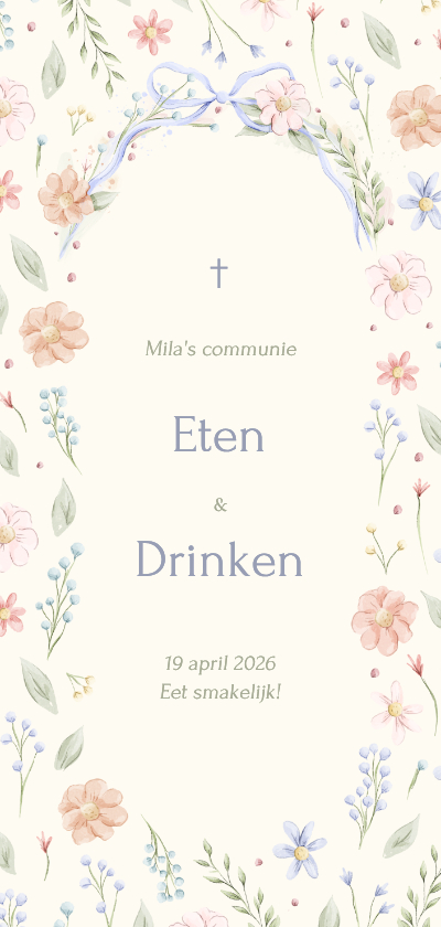 Stijlvolle communie menukaart strik met aquarel bloemen - Communiekaarten Communiekaarten - Stijlvolle communie menukaart strik met aquarel bloemen