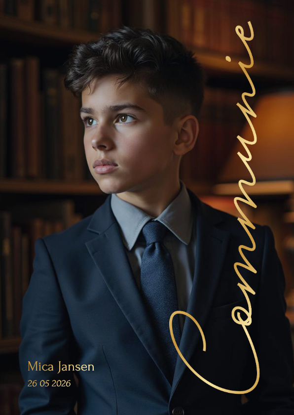 Communiekaarten - Stijlvolle communie uitnodiging met grote foto en foliedruk