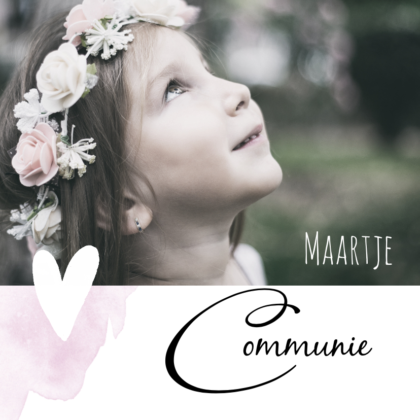 Stijlvolle communiekaart voor een meisje met foto en hartje - Communiekaarten Communiekaarten - Stijlvolle communiekaart voor een meisje met foto en hartje