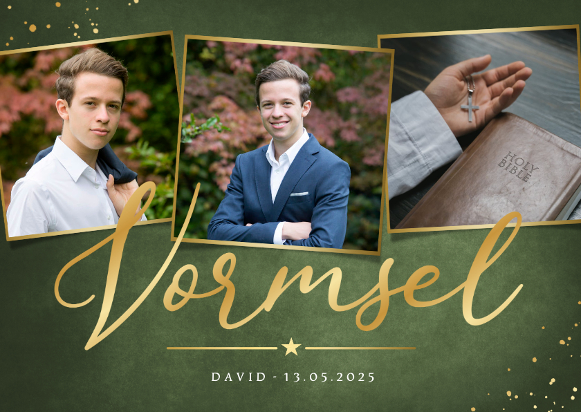 Stijlvolle groene uitnodiging Vormsel met 3 eigen foto's - Communiekaarten Communiekaarten - Stijlvolle groene uitnodiging Vormsel met 3 eigen foto's