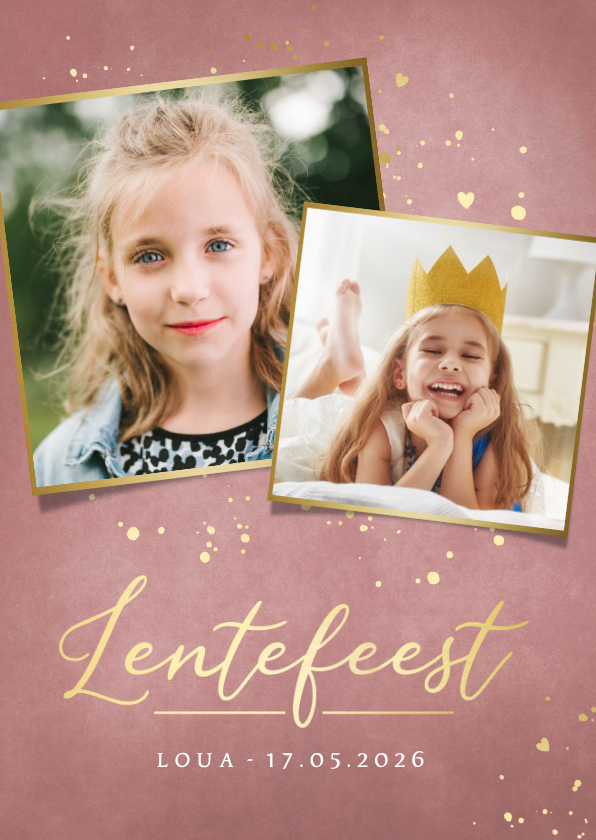 Communiekaarten - Stijlvolle oudroze uitnodiging lentefeest meisje met foto's