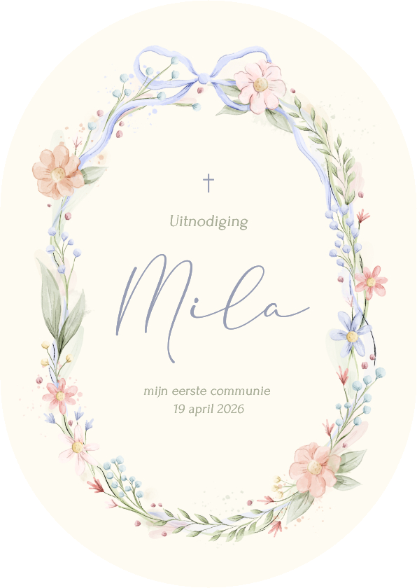 Stijlvolle ovale communiekaart strik met aquarel bloemen - Communiekaarten Communiekaarten - Stijlvolle ovale communiekaart strik met aquarel bloemen