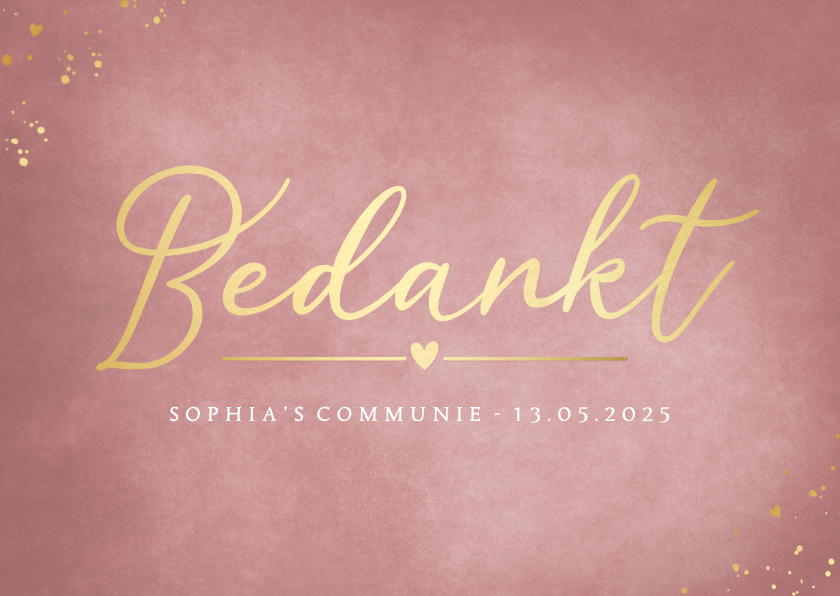 Communiekaarten - Stijlvolle roze met gouden kaart als bedankje bij communie