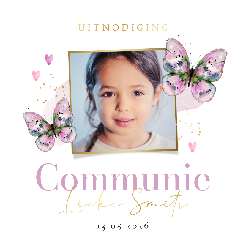 Communiekaarten - Stijlvolle uitnodiging communie waterverf vlinder goud foto