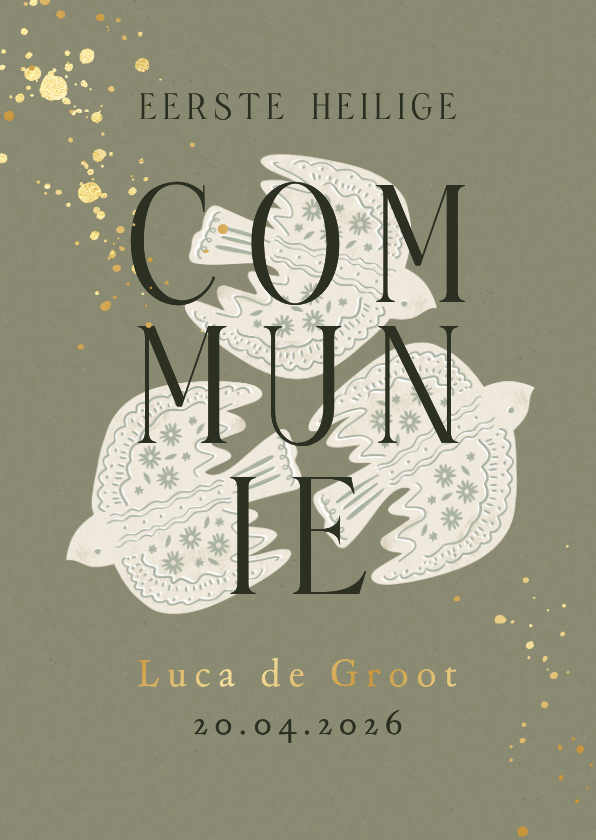 Stijlvolle uitnodigingskaart eerst communie duiven goud - Communiekaarten Communiekaarten - Stijlvolle uitnodigingskaart eerst communie duiven goud