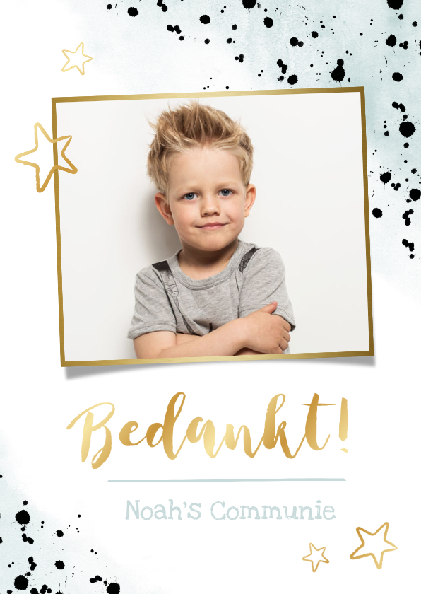 Stoer bedankkaartje communie waterverf met verfspatters - Communiekaarten Communiekaarten - Stoer bedankkaartje communie waterverf met verfspatters