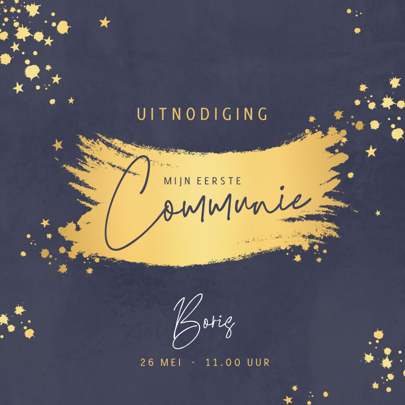 Stoere communiekaart blauw met goudkleurige verf - Communiekaarten Communiekaarten - Stoere communiekaart blauw met goudkleurige verf