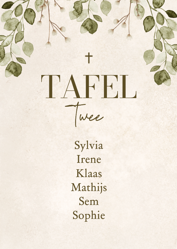 Tafelkaartje communiefeest eucalyptus zand stijlvol natuur - Communiekaarten Communiekaarten - Tafelkaartje communiefeest eucalyptus zand stijlvol natuur