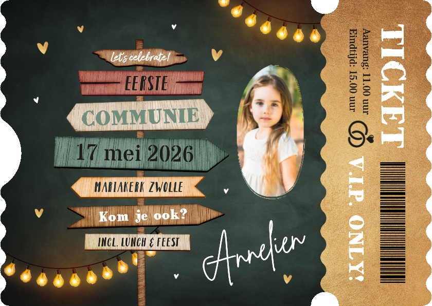 Ticket communie wegwijzers hartjes krijtbord goud - Communiekaarten Communiekaarten - Ticket communie wegwijzers hartjes krijtbord goud